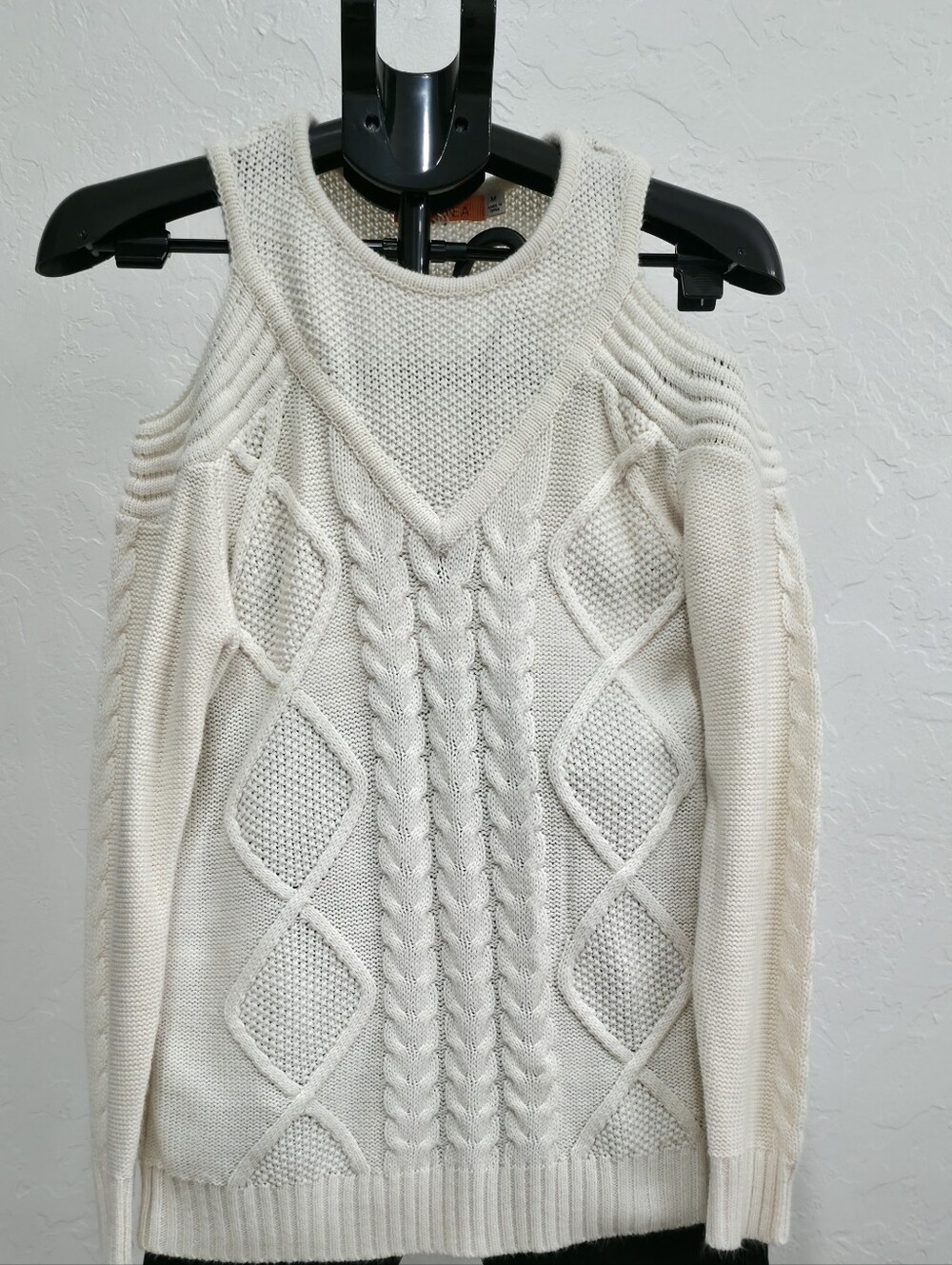 Cream Cable Knit Cold-Shoulder Sweater